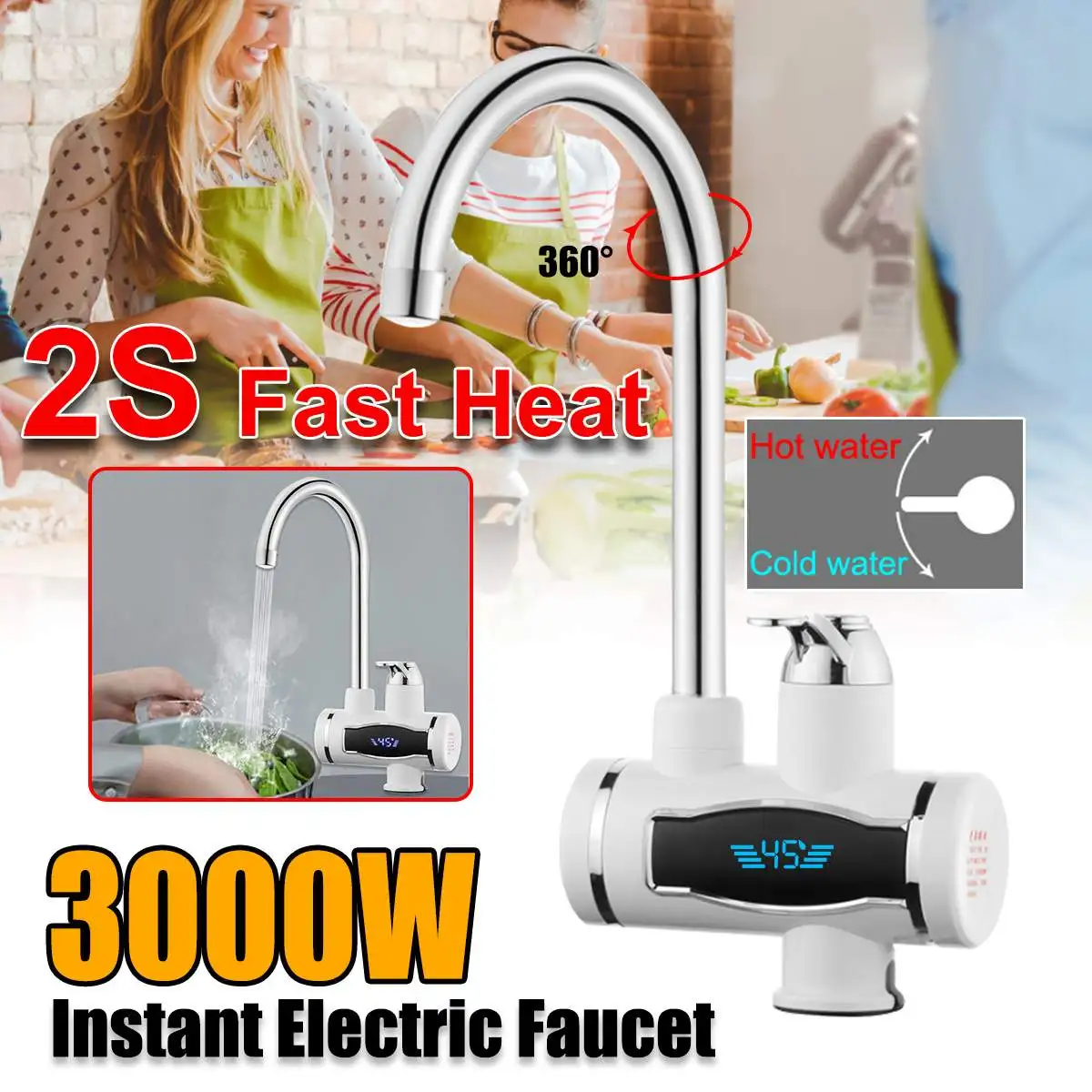 

3000W Instant Tankless Electric Hot Water Heater-Faucet Kitchen Instant Heating Tap Water-Heater under inflow with LED EU/US Plu