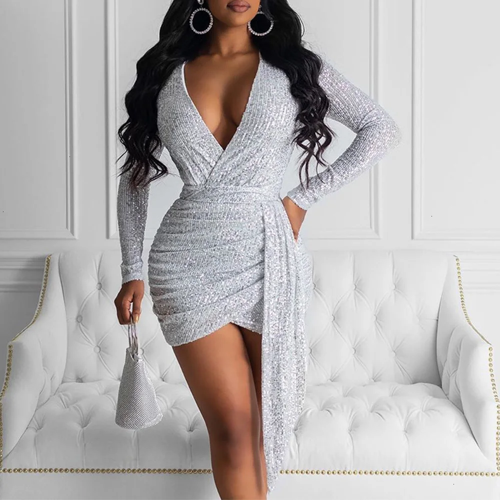 Fuedage Sequin Sexy Dress Women Deep V Neck Mini Party Dress Sparkle Glitter Long Sleeve Bandage Dresses female Club Vestidos