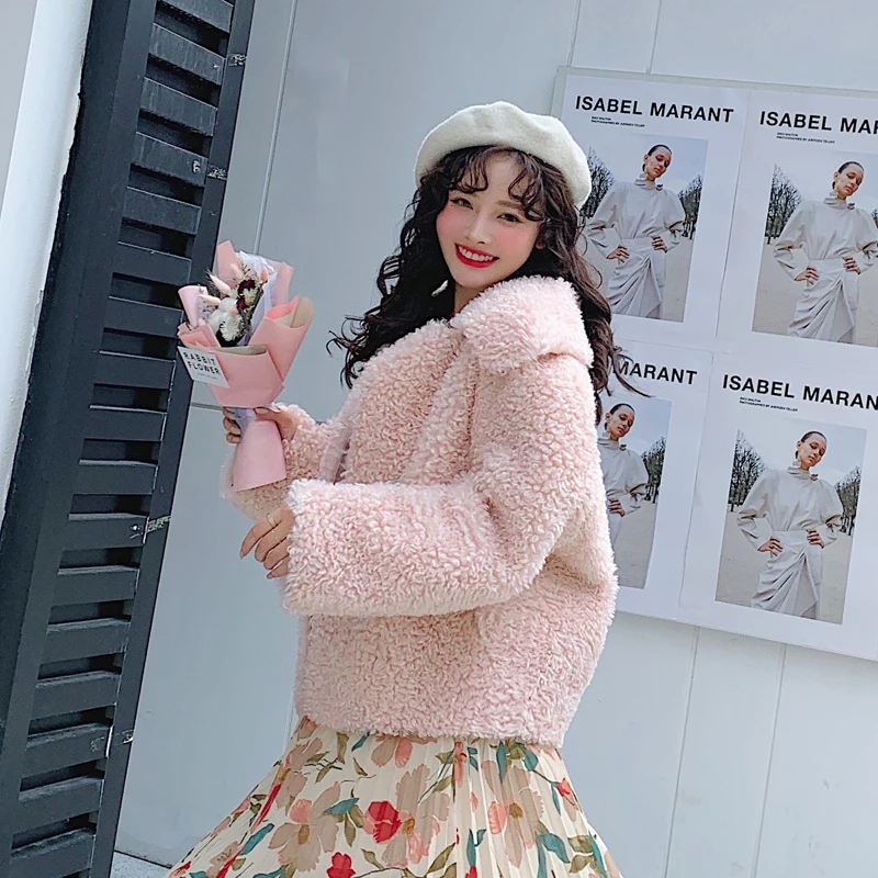 Ins style, Женское зимнее пальто из искусственной овечьей шерсти, корейские милые куртки для девочек, короткая верхняя одежда с отложным воротником, пальто