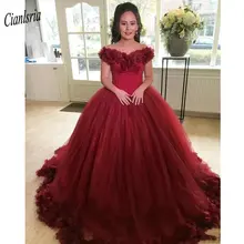 Бургундия с открытыми плечами бальное платье Бальные платья с цветами ручной работы Арабский Дубай пышные Сладкие 16 выпускного вечера платья