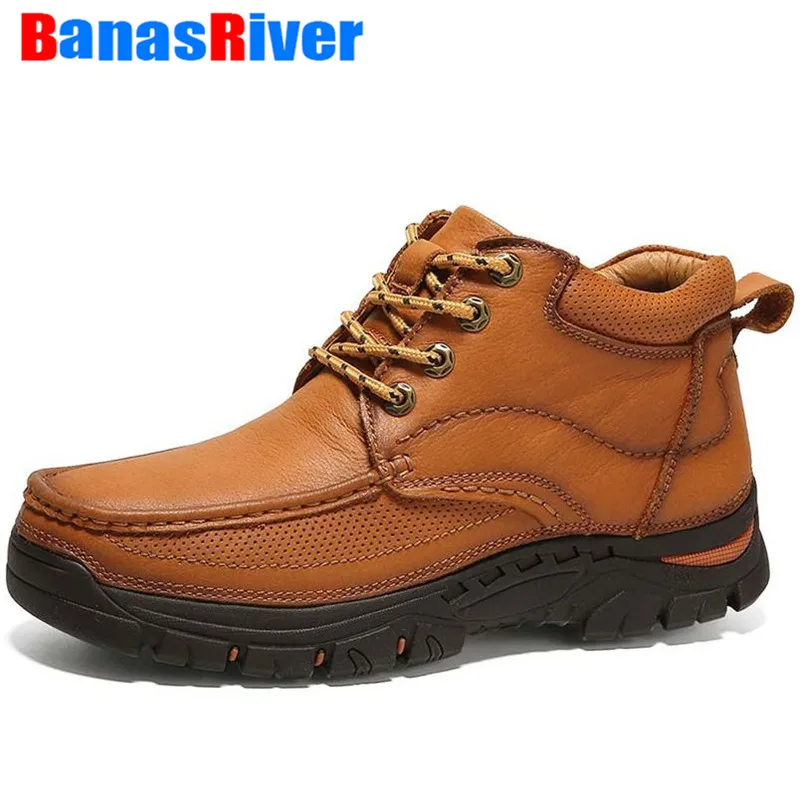 

Brand Men Boots Winter High Top Snow Plush Fur High Quality Cow Leather Warm Ankle Sneakers Outdoor Walking Trainers Footwear