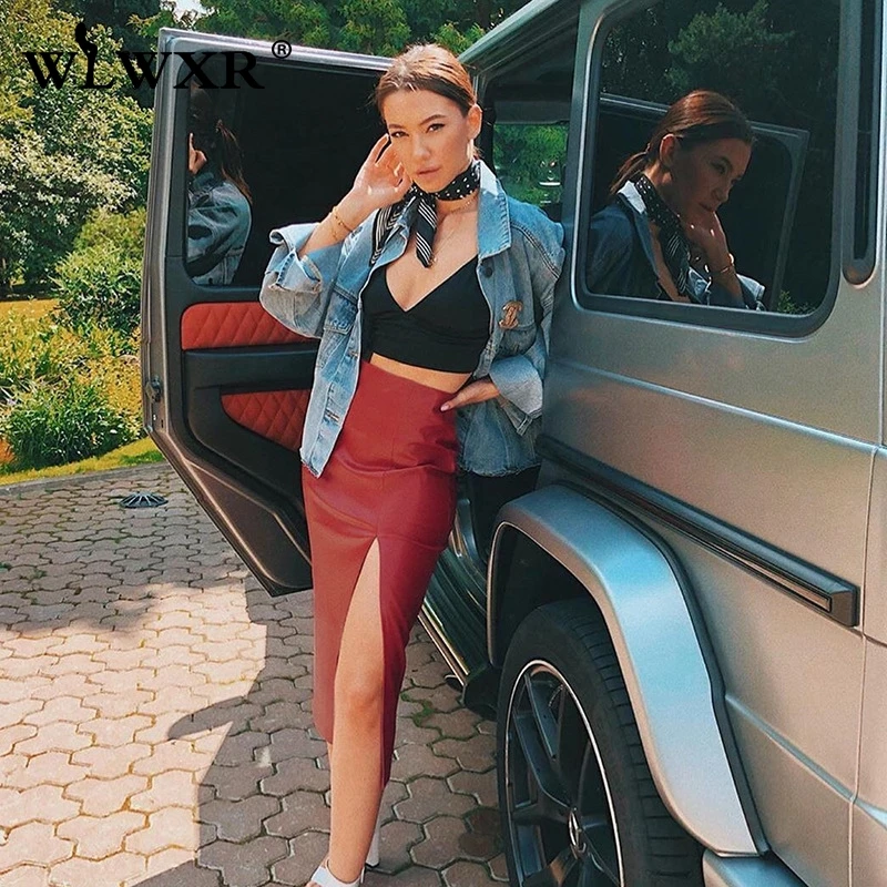 WLWXR искусственная из искусственной кожи женские юбки Футляр раскол Красный Высокая талия обёрточная Женская юбка карандаш дамские миди сексуальные Клубные вечерние юбки