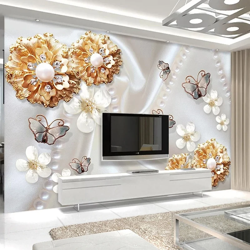 Custom Any Size 3D Photo Wallpaper Golden Jewelry Flowers Butterfly 3D Living Room TV Background Wall Painting Mural Wall Paper