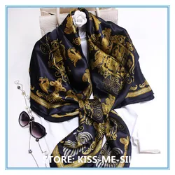 KMS Gold Leaf Golden Phoenix Mysterious Totem Heavy Silk Plain Crepe Satin Scarf Shawl Wrap Ribbon Hairband Women 140*140CM/ 95G