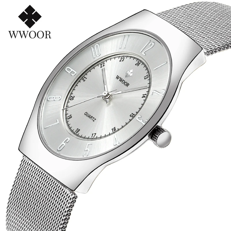 WWOOR Mens Watches Luxury Gold Ultra thin Clock Male Steel Mesh Arabic Waterproof Quartz Watch Men Sport Wristwatch Reloj Hombre