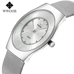 WWOOR Mens Watches Luxury Gold Ultra thin Clock Male Steel Mesh Arabic Waterproof Quartz Watch Men Sport Wristwatch Reloj Hombre