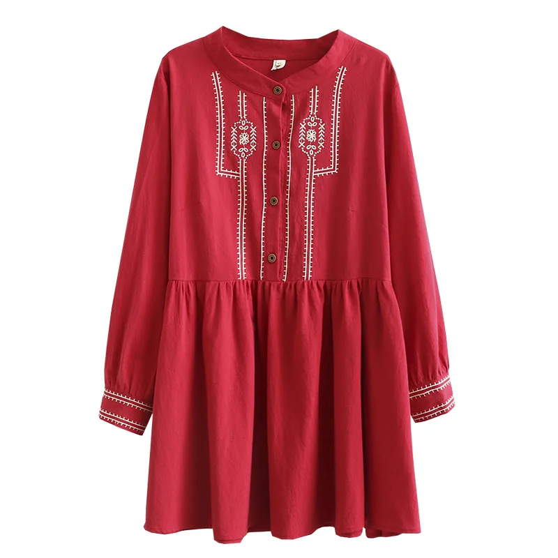 

Woman Autumn Dress Lady One-piece Female Mini Dresses Chinese Style Embroidery Washed Cotton Oversize Clothing K74 091