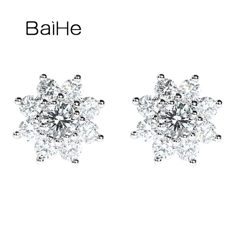 

BAIHE Solid 14K White Gold H/SI Natural Diamond Flower Stud Earrings Women Fine Jewelry Trendy Aretes flores brincos de flores