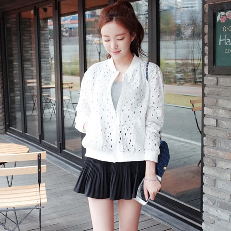 

Lace Hollow out Cardigan Baseball Uniform Jacket Coat Thin 2019 Summer Versatile Short Small Coat Women's