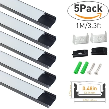 

5Pack 3.3ft/1M U02 12mm LED aluminum extrusion profile with Milky Cover, End Caps and Clips for LED Strip Light Installation