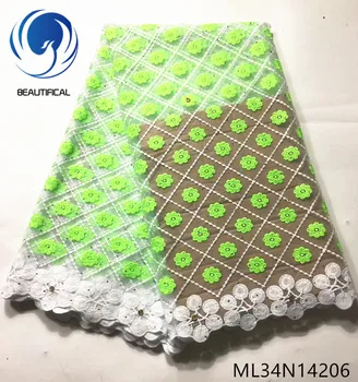 

Beautifical French lce fabric Latest style cyan flower embroidery tulle lace fabric for dress 5yards french lace stones ML34N142