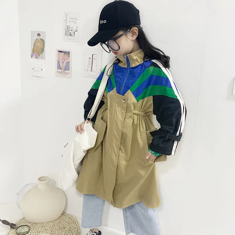 

Baby Girl's Coat Spring New Medium Children's Waist Color Matching Hooded Mid-length Fashion Casual Windbreaker Girls Jackets