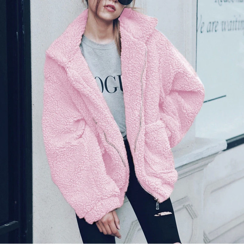 Женские пальто с длинными рукавами с отворотами и карманами на молнии, однотонная модная повседневная теплая верхняя одежда для женщин - Цвет: Pink