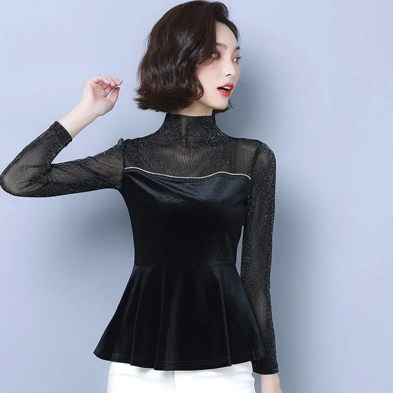 

Autumn Tops Women's 2019 New Style Scheming Non-mainstream Flounced Gauze Joint Black Long Sleeves Base Shirt
