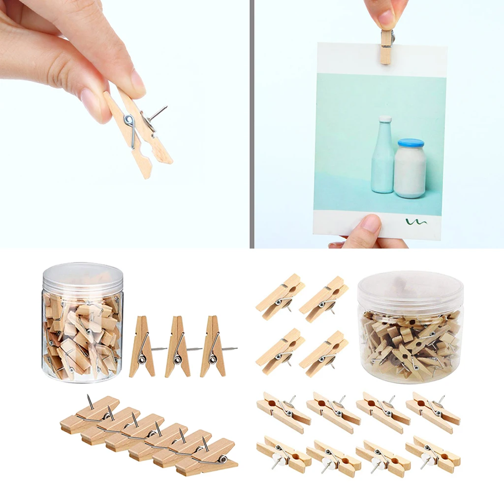 Blank Wooden Clips Paper Photo DIY Push Pins Peg Thumbtacks Clothespins w/ Box