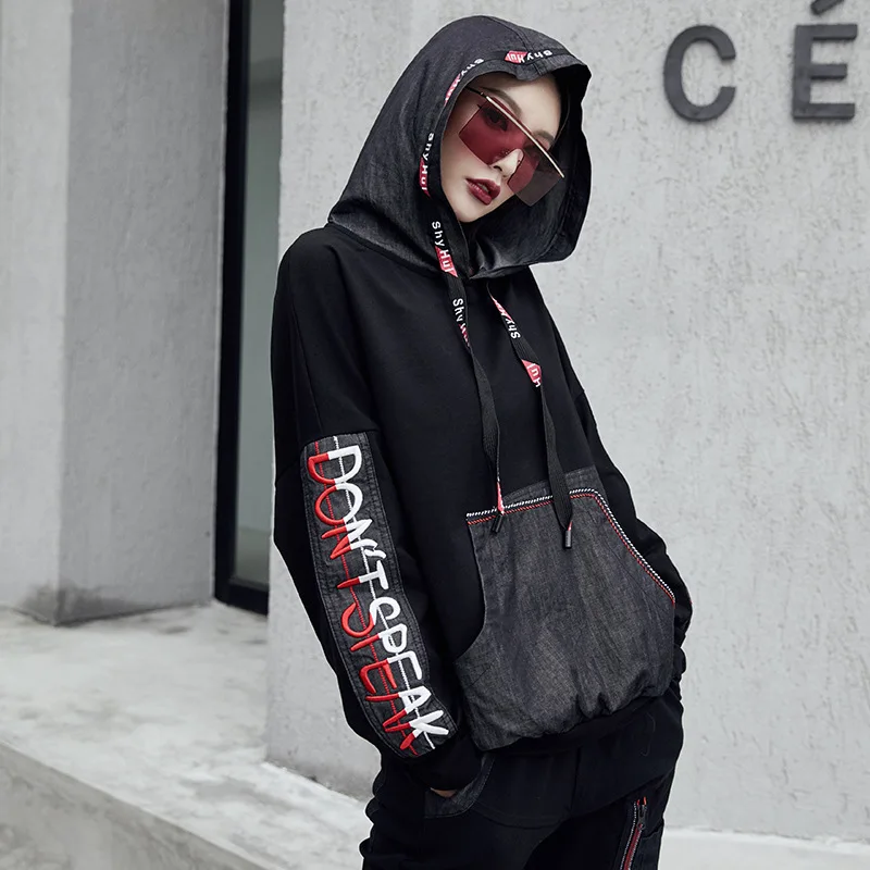 2291 Black Spliced Jean Cotton Sweatshirts For Women Streetwear Hooded Letter Printed Front Pockets Sweatshirt Woman Autumn Top