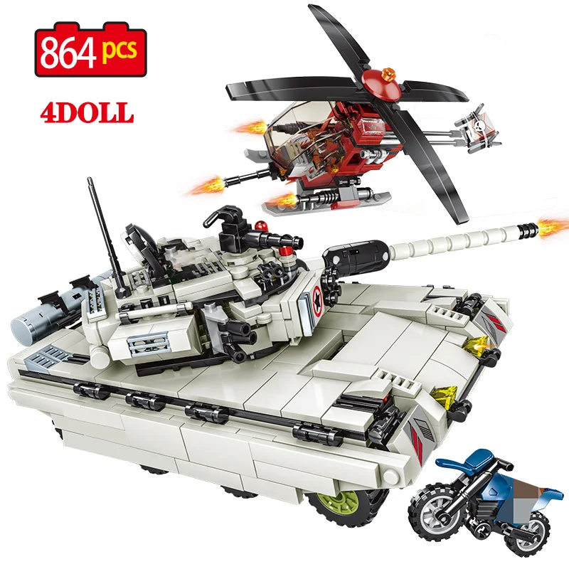 

864PCS Military Intercontinental Tank Helicopter Building Blocks legoing WW2 Tank Soldier figures Weapon Army Bricks kids Toys