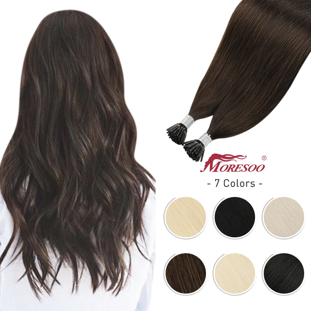 Moresoo I tip Extensions Hair Cold Fusion Machine Remy Human Brazilian Hair Pure Color 40G/50S 16-24 inches Keratin Extensions