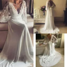 

Bohemian Wedding Dresses Lace Bridal Gown Backless Long Sleeve V Neck Wedding Gowns Boho Chiffon Plus Size Свадебное Платье