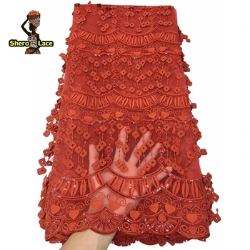 

3D African French Lace With Sequins Royal Blue Color Nigerian Tulle Lace Fabric For Party Dress