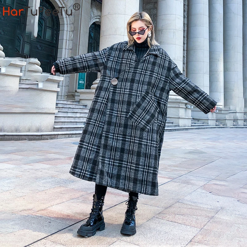 

Winter Women Plaid Wool Coat Elegant Cotton Padded Lining Parka Plus Size Loose Fashion Long Jacket