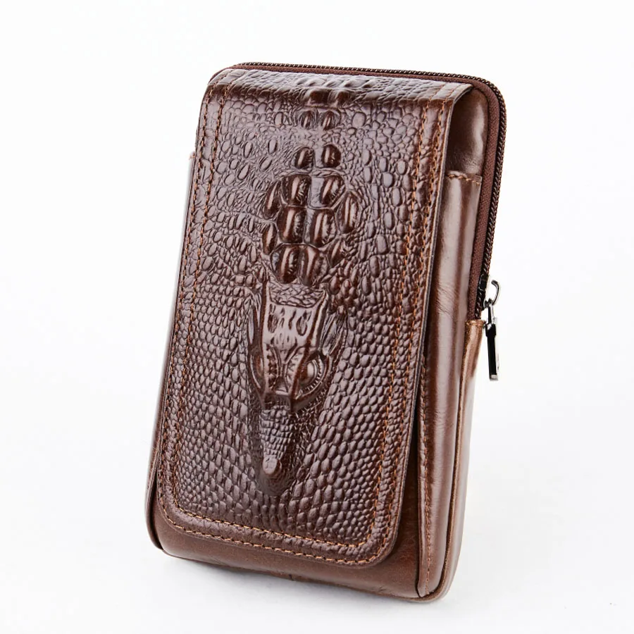 Бренд GO-LUCK, Мужская поясная сумка из натуральной кожи с объемным рисунком аллигатора, Сумка с ремнем через плечо, сумка для сотового/мобильного телефона, чехол для Iphone Plus - Цвет: Red brown