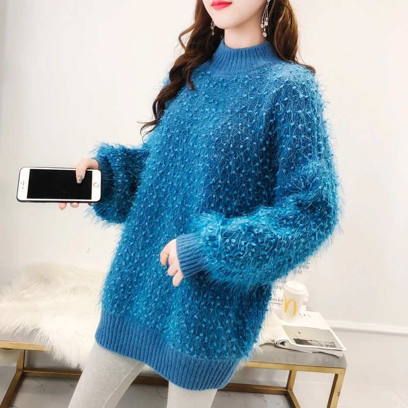 HF19589 Blue H. SA, женские мягкие теплые вязаные Джемперы, мохер, в горошек, пэчворк, розовые пуловеры, белые, негабаритные, повседневные Джемперы, весенние топы - Цвет: HF19589 Blue