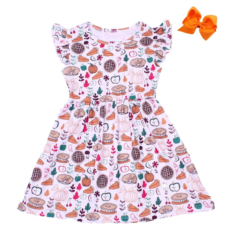 Children Girls Clothes Kids Thanksgiving Dress Baby Fall Pumpkin Print Short Sleeve Cute Milk With Bow | Детская одежда и обувь