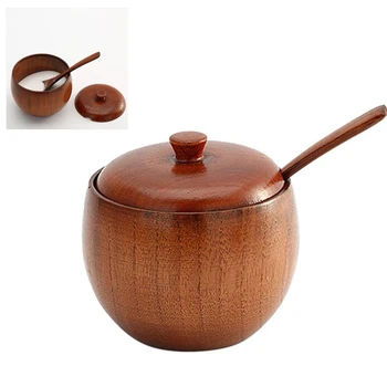 

Easy Clean Retro Solid Wood Kitchen Salt Home Seasoning Pot Sugar Condiment Container Jar Set With Spoon Lid Dustproof
