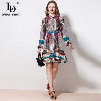 

LD LINDA DELLA 2020 Spring Summer Fashion Runway Vintage Dress Women's Long Sleeve bow tie Ruffles Retro Print Elegant Dress