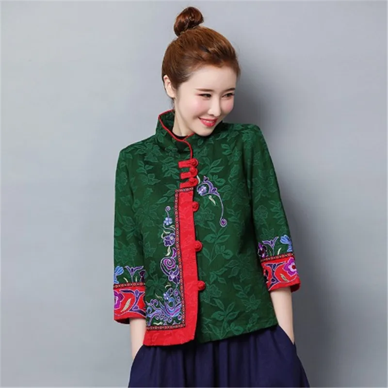 Осенне-зимняя куртка в китайском стиле, жаккардовая вышивка, г. Плотное короткое пальто в стиле пэчворк с рукавом три четверти и стоячим воротником