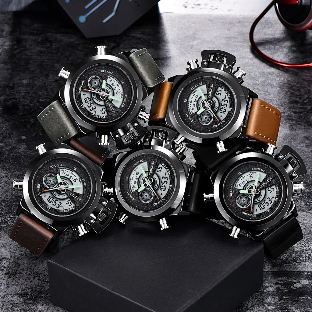 CURDDEN Watch Men Relogio Masculino Dual Display Leather Strap Steel Sports Quartz Wristwatch Life Waterproof Horloge Heren 40