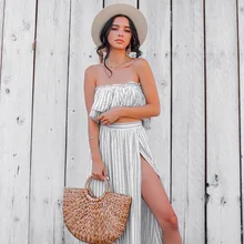 Off-the-shoulder Wrapped Top with Split Skirt Suits Striped Print Ruffle Bandeau Dresses Women Summer Beach Strapless Dresses Dresses Off-the-shoulder Wrapped Top with Split Skirt Suits Striped Print Ruffle Bandeau Dresses Women Summer Beach Strapless Dresses Dresses