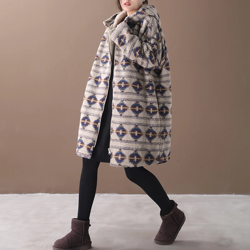 [EWQ] autumn winter hooded collar long sleeve print patchwork zipper Plus velvet vintage cotton padded coat women AH91304