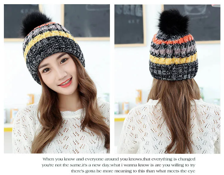 Korean Women's Knitted Hat Colorful Fur Pompom Woollen Cap Winter Plus Velvet Thick Warm Skullies Beanies Wool Ball Knitted Hat