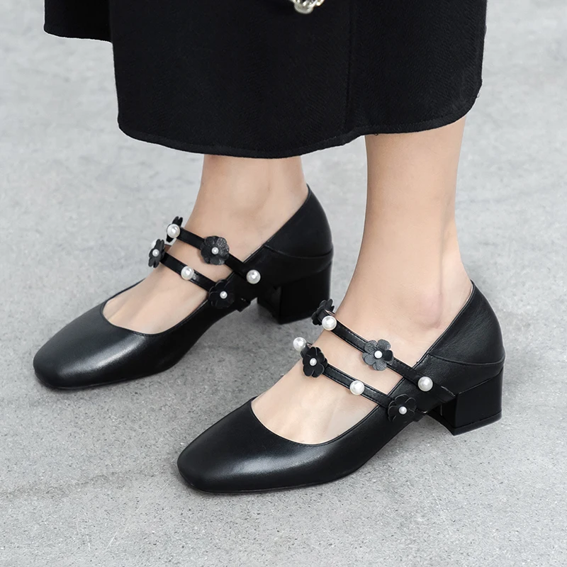 Brand Quality Party Pumps Spring Summer Bead Girl Mature Leather Round Toe Square Heels Wedding Women Shoes