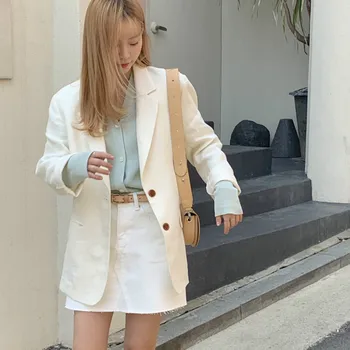 

Korea Women Autumn Cotton Linen Blazers Jacket Coat Long Sleeve Blazer Femme Veste Plus Size Casual Outwear Coat Blaser Feminino