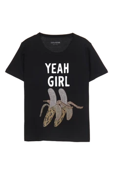 

Women Tshirt Letter Black Hot Drill Banana Cotton T-shirt