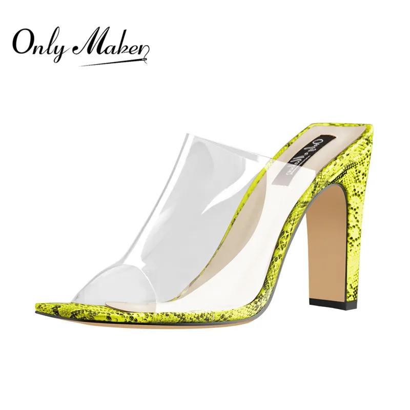 

Onlymaker Peep ToeTransparent Straps Snake Block Heel Mules Slip On Sandals Big Size US5~US15
