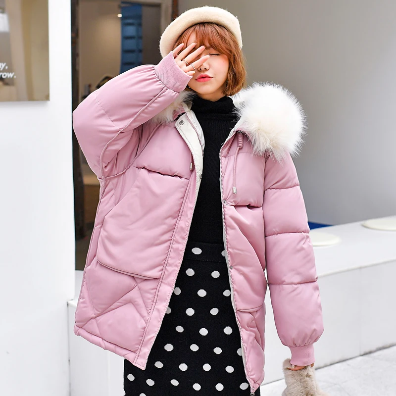 ASLTW зимняя куртка для женщин длинный рукав сплошной Женский парк с меховым капюшоном парка длинное теплое хлопковое пальто для женщин - Цвет: Розовый