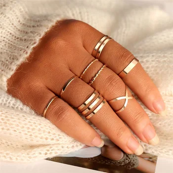 

Original Design Gold Color Round Hollow Geometric Rings Set For Women Fashion Cross Twist Open Ring Joint Ring Female Jewelry