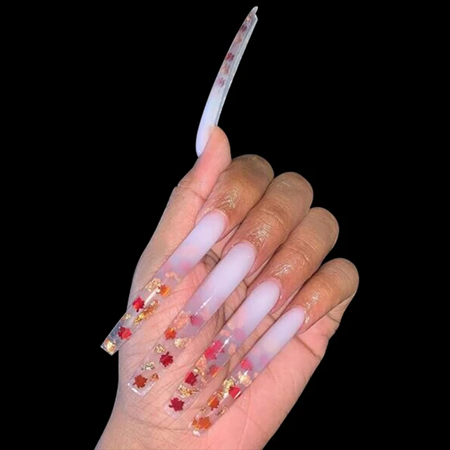 Extra Long Fake Nails White Clear Moo Square Top Lady False Nails Dandelion  Flower Decor Z473 | Wish