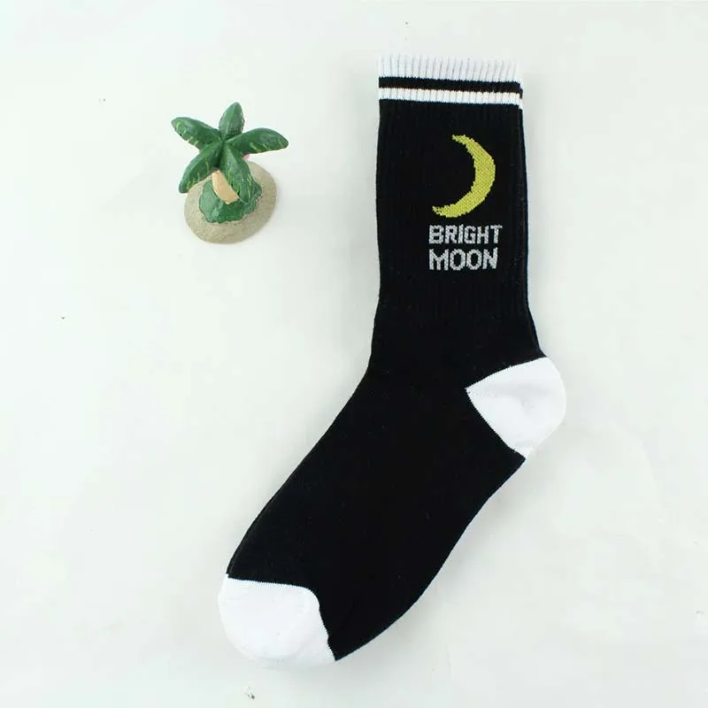 Bright Moon Black Хлопковые короткие носки для взрослых до середины икры с изображением яркой Луны, лунное солнце, Вселенная, космос, Астро, космос, розовый, фиолетовый, белый, черный, пара носков - Цвет: Bright Moon Black