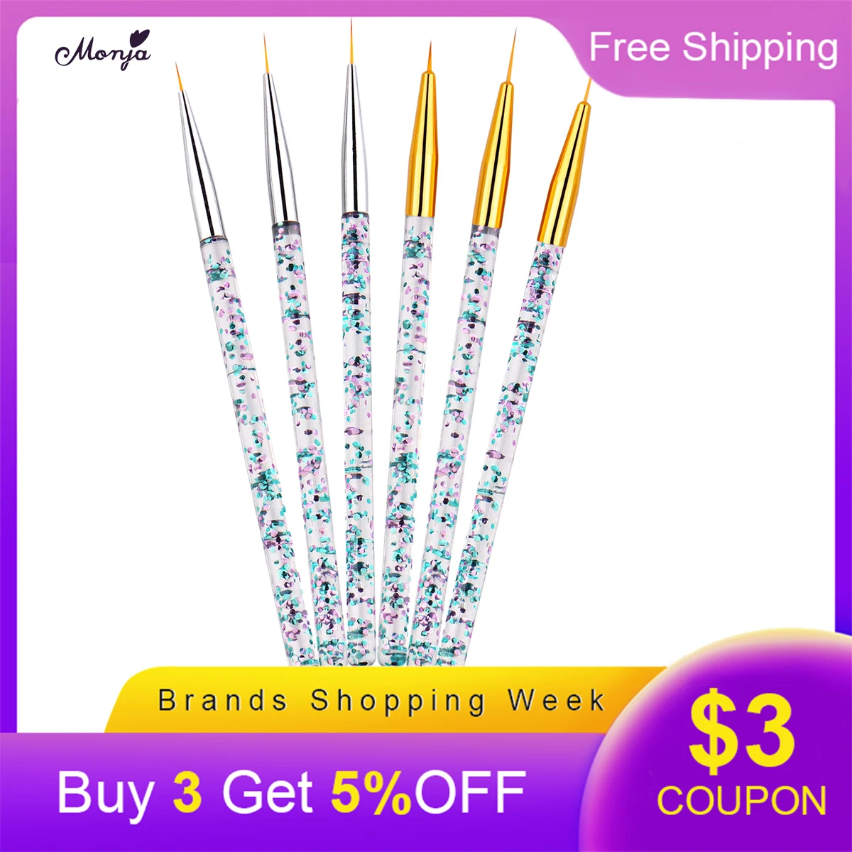 

Monja 3pcs Nail Art Liner Brush Sequin Handle French Lines Stripes Painting Flower Drawing Pen DIY Manicure Tools kit