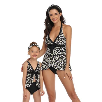 

bunvel Women Baby Girl High Waist Swimsuit Summer Leopard Printed V Neck Beach Dress Swimming Suit for Mommy and Me 2020