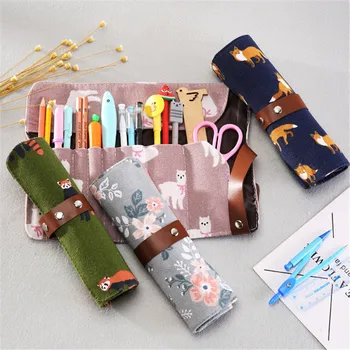 

Large Capacity Pencil Cases School Supplies Cartoon Animals Canvas Roll Pouch Makeup Brush Storage Organizer Pen Holder Bag