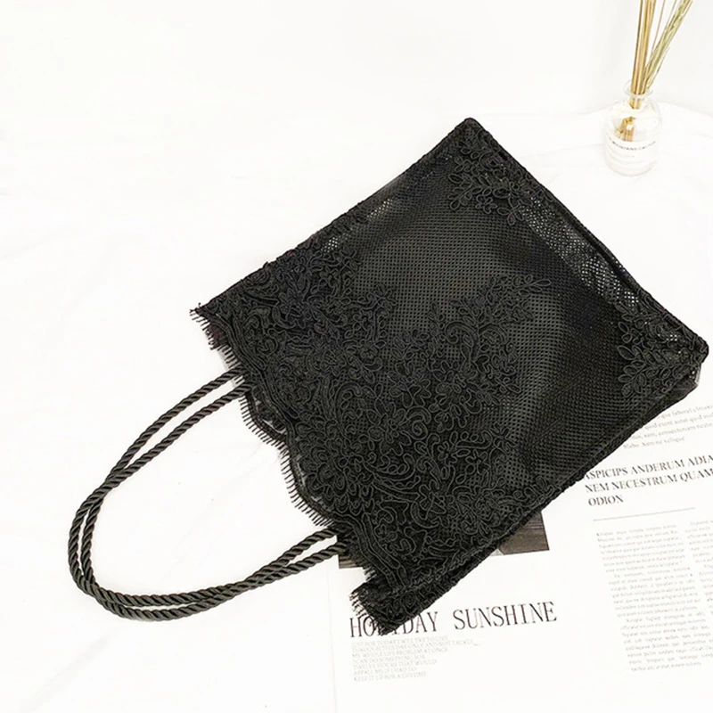 BT759BlackL Большая модная сумка через плечо женские повседневные сумки с короткими ручками вышитые полые винтажные дизайнерские соломенные пляжные женские кружевные новые сумки - Цвет: BT759BlackL