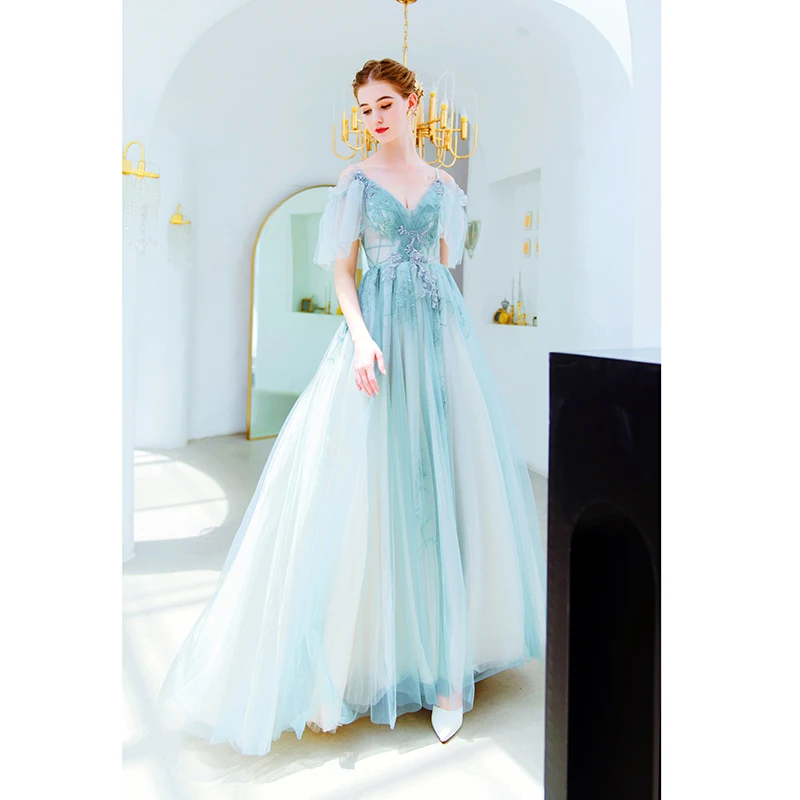 Зеленые платья на выпускной vestido graduacion largo вышито бисером с блестками Тюль с открытыми плечами Спагетти ремень прозрачная линия вечернее