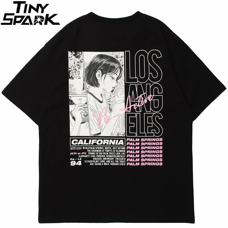Camiseta de Hip Hop para hombre, Camiseta con estampado de letras Chica de Anime Smoking, camiseta Harajuku de algodón, camiseta de manga corta negra 2021