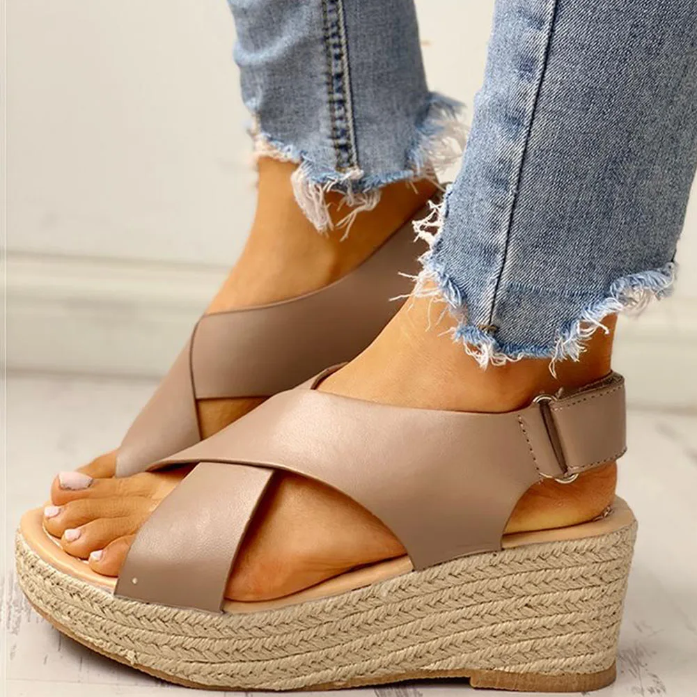 

SARAIRIS Wholesale Leisure Large Size 43 Platform Summer Women Sandals Shoes Straw Wedges Heels hook&loop Woman Footwear